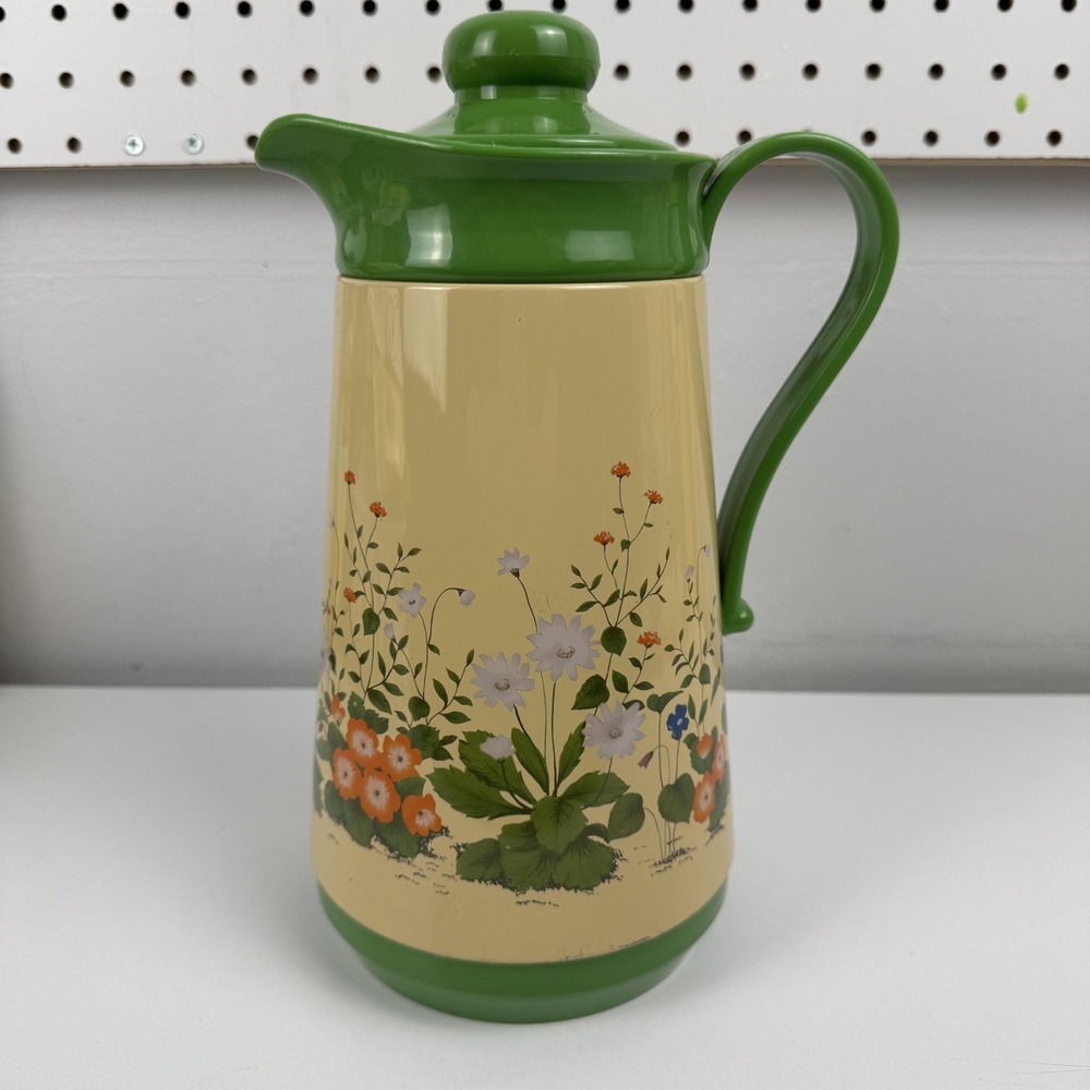 Vintage Interpur Floral Vacuum Flask Beige Green Insulated Thermos Carafe